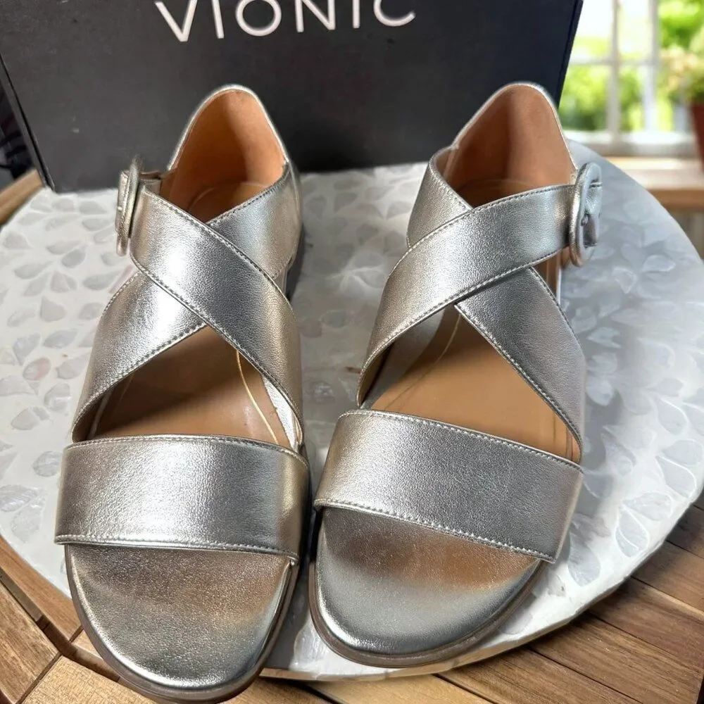 Vionic Pacifica Supportive Orthotic Sandal Gold Metallic Leather Women’s 9 Wide